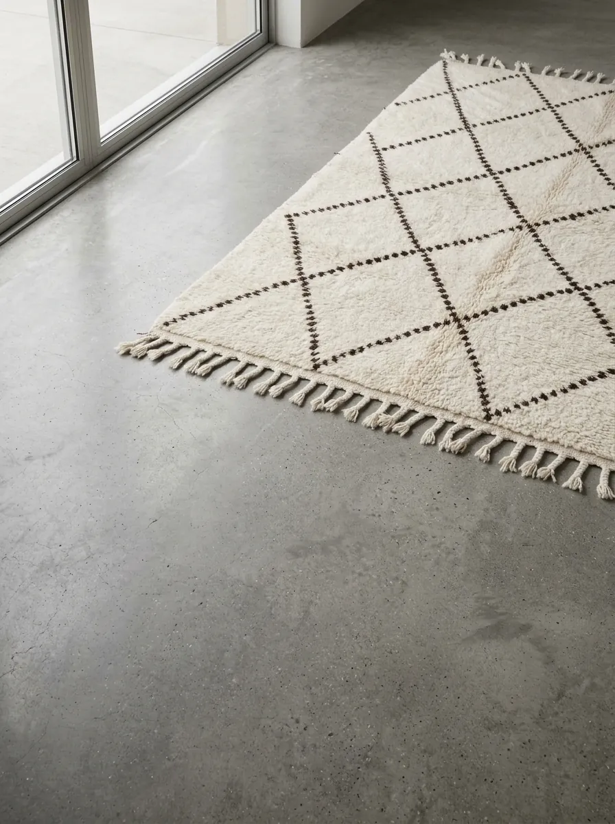 Dotted Diamond Beni Ourain Rug — handwoven wool rug shown on a concrete floor