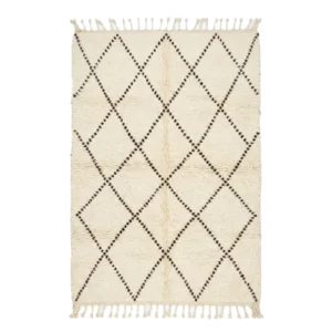 Ivory Beni Ourain rug with a diamond lattice drawn in small brown dots, hand-knotted wool