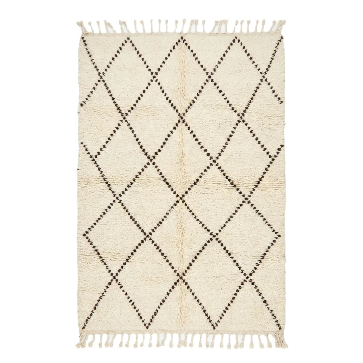 Ivory Beni Ourain rug with a diamond lattice drawn in small brown dots, hand-knotted wool