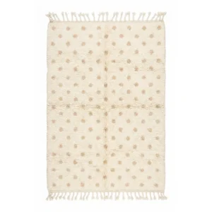 Cream Beni Ourain rug with soft tone-on-tone beige dots and fringes, hand-knotted wool