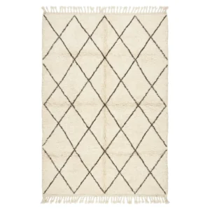 Ivory Beni Ourain rug with a hand-drawn brown diamond lattice and fringes, hand-knotted wool