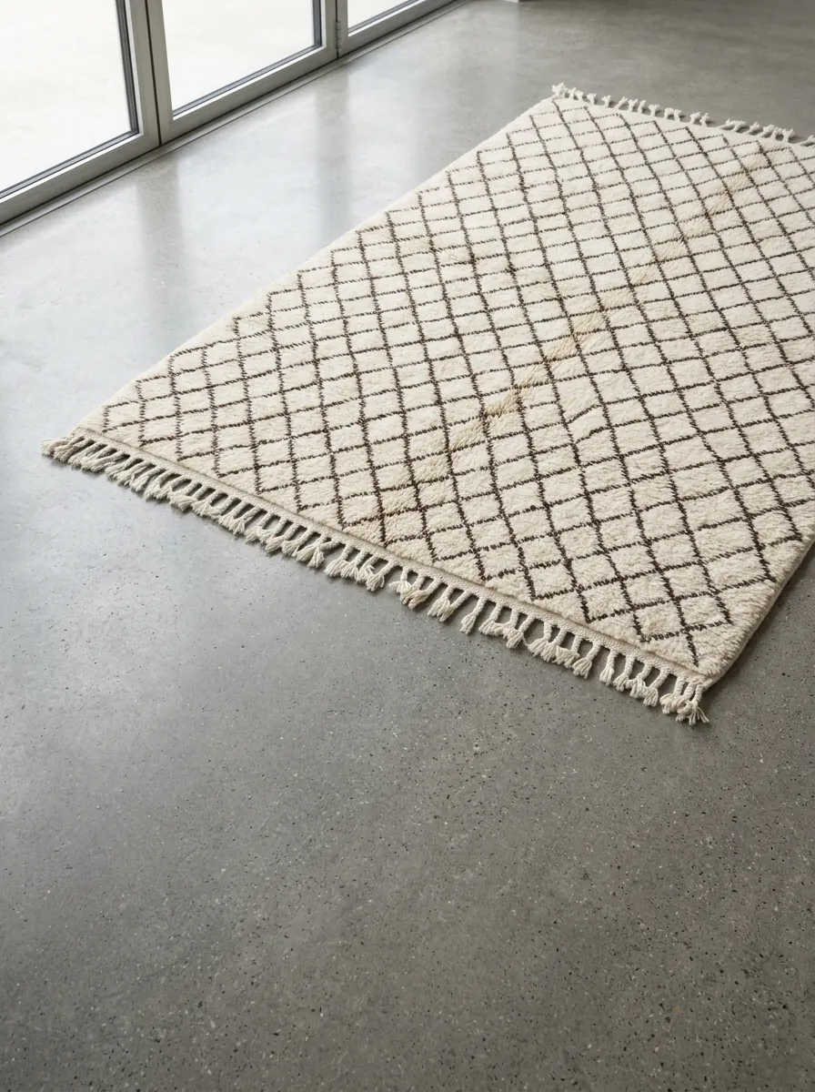 Dense Diamond Grid Beni Ourain Rug — handwoven wool rug shown on a concrete floor