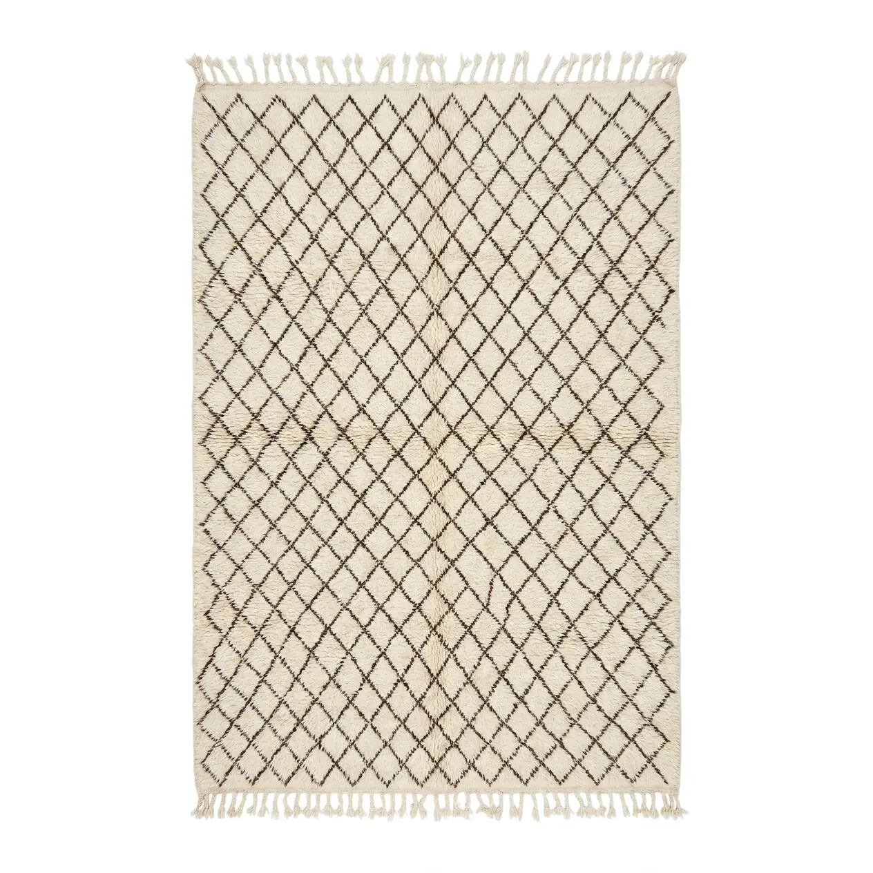 Ivory Beni Ourain rug covered with a dense brown diamond grid and fringes, hand-knotted wool