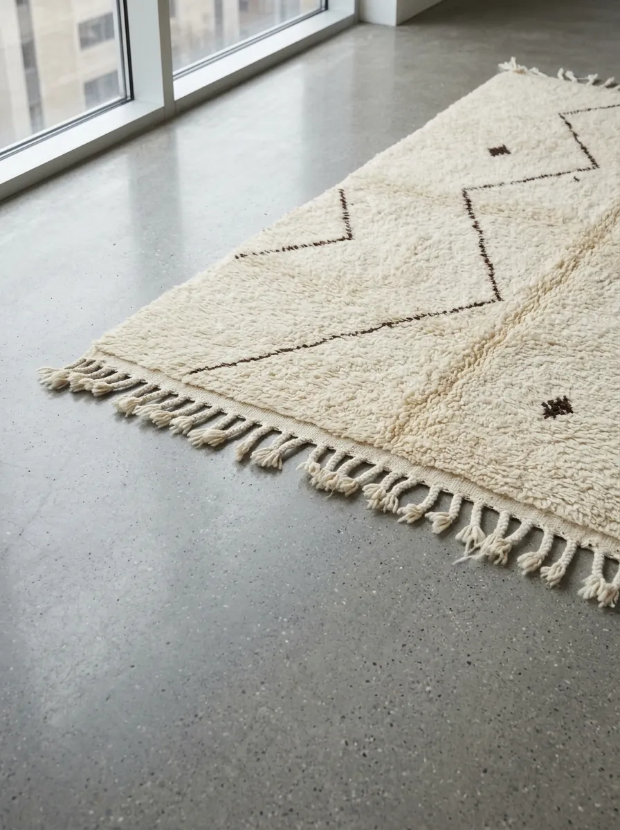 Minimal Zigzag Beni Ourain Rug — handwoven wool rug shown on a concrete floor
