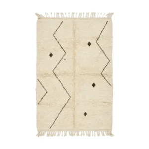Ivory Beni Ourain rug with sparse brown zigzag lines and small diamonds, hand-knotted wool