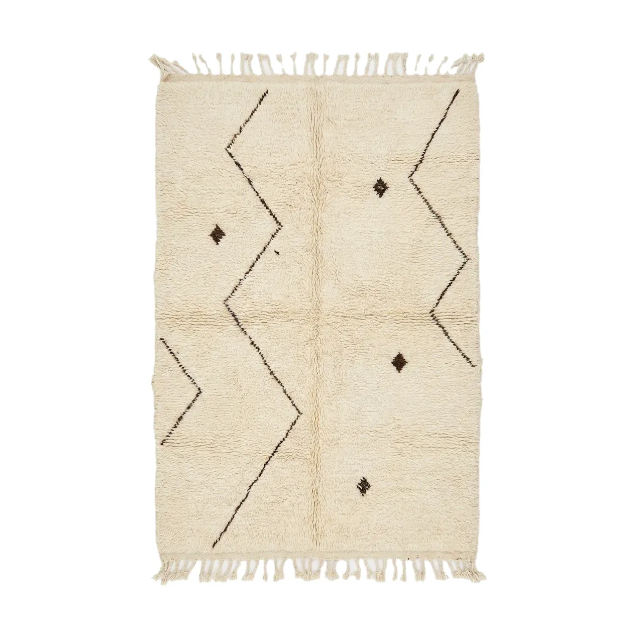 Ivory Beni Ourain rug with sparse brown zigzag lines and small diamonds, hand-knotted wool
