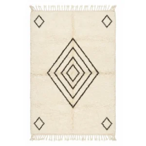 Ivory Beni Ourain rug with a large nested brown diamond medallion and corner diamonds
