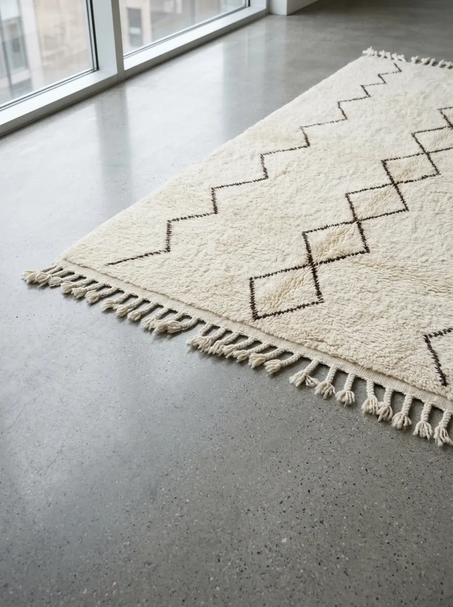 Diamond Column Beni Ourain Rug — handwoven wool rug shown on a concrete floor