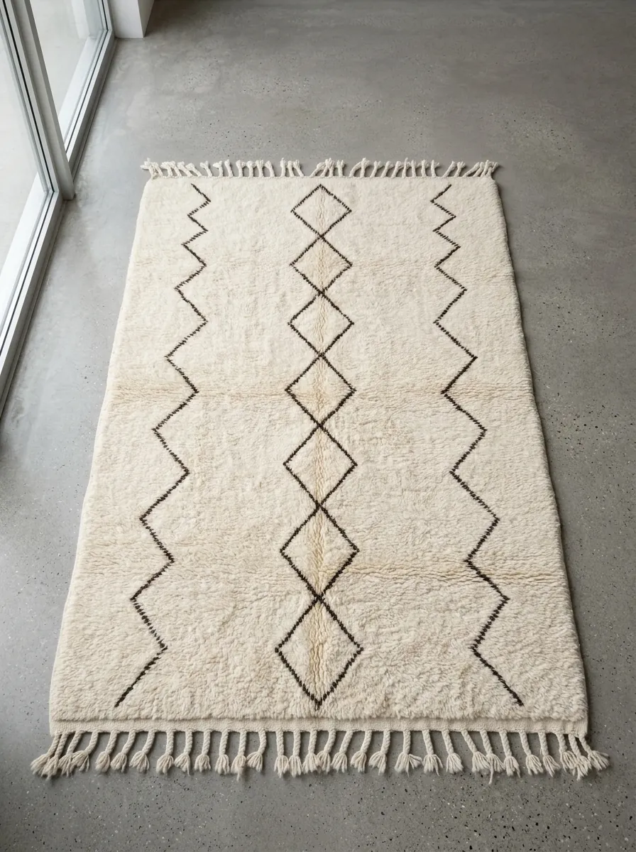 Diamond Column Beni Ourain Rug — full rug laid flat on a concrete floor, seen from above