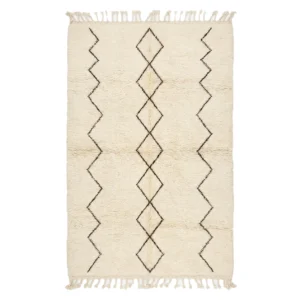 Ivory Beni Ourain rug with vertical columns of stacked brown diamonds and zigzag lines