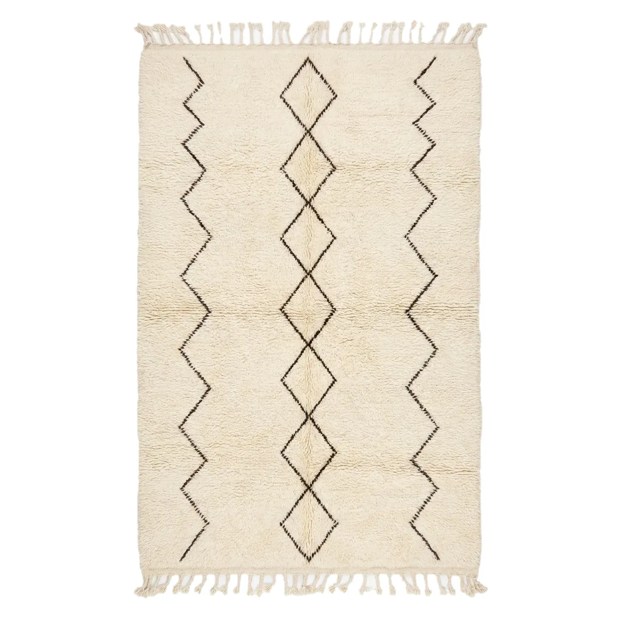 Ivory Beni Ourain rug with vertical columns of stacked brown diamonds and zigzag lines