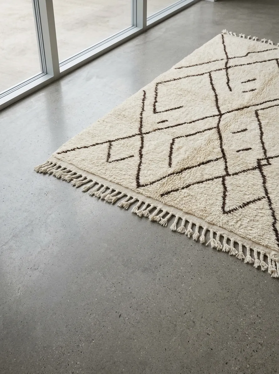 Freeform Diamond Beni Ourain Rug — handwoven wool rug shown on a concrete floor