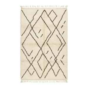 Ivory Beni Ourain rug with overlapping freehand brown diamonds and short dashes, wool rug