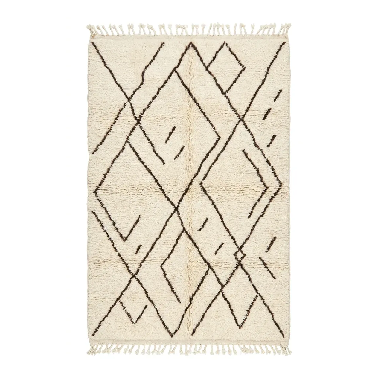 Ivory Beni Ourain rug with overlapping freehand brown diamonds and short dashes, wool rug
