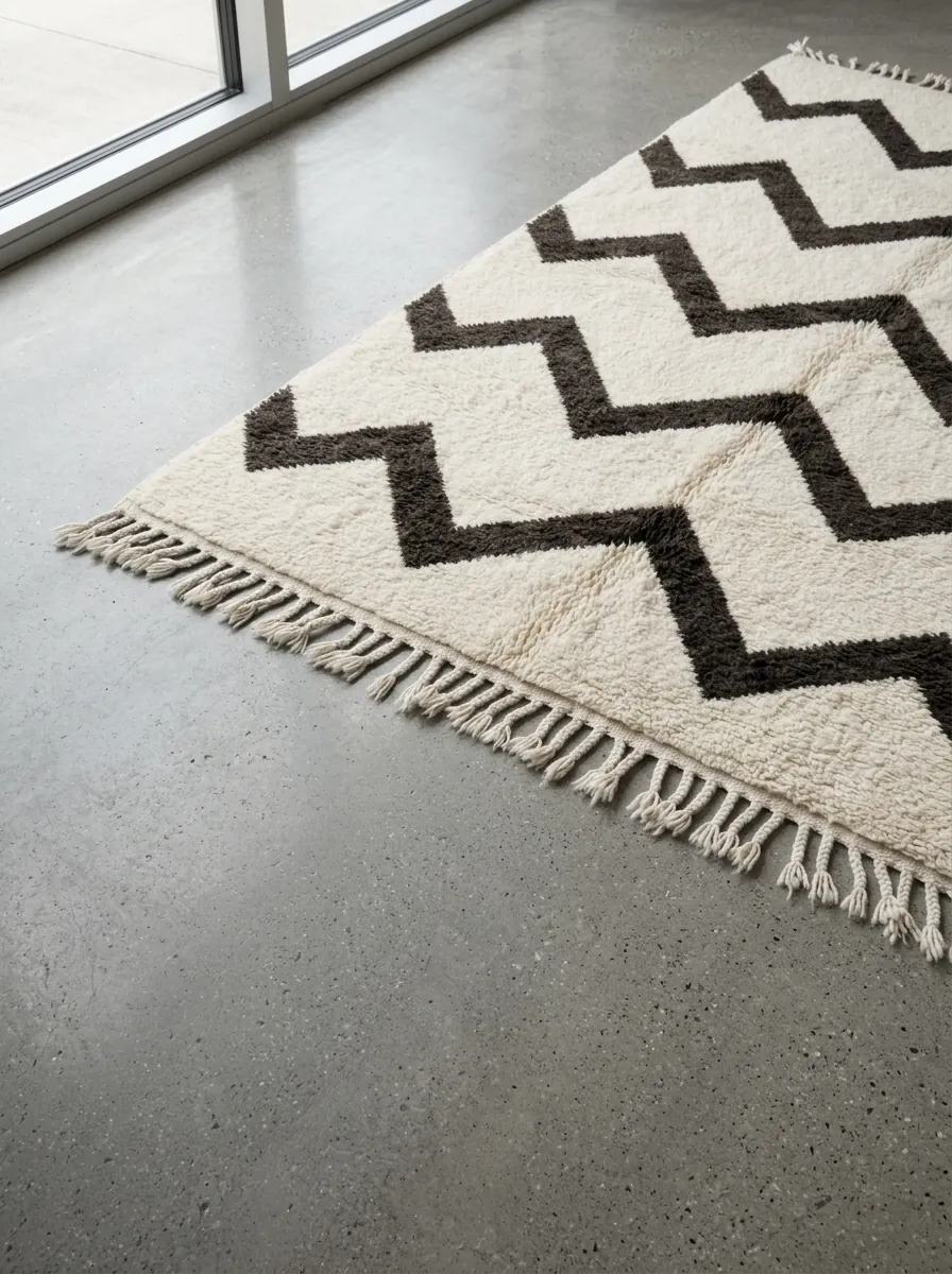 Zigzag Beni Ourain Rug — handwoven wool rug shown on a concrete floor