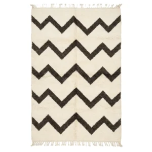Ivory Beni Ourain rug with five bold charcoal zigzag bands and fringes, hand-knotted wool