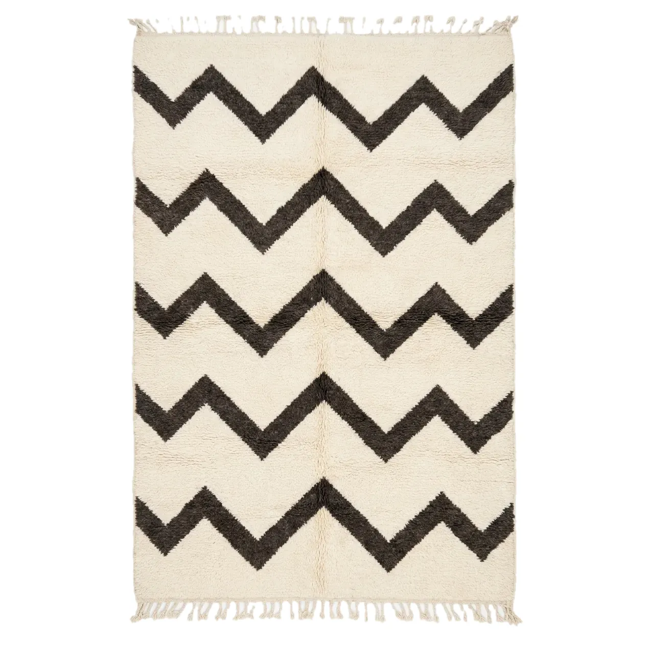 Ivory Beni Ourain rug with five bold charcoal zigzag bands and fringes, hand-knotted wool