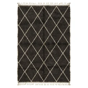 Dark charcoal Beni Ourain rug with a thin ivory diamond lattice and fringes, hand-knotted wool