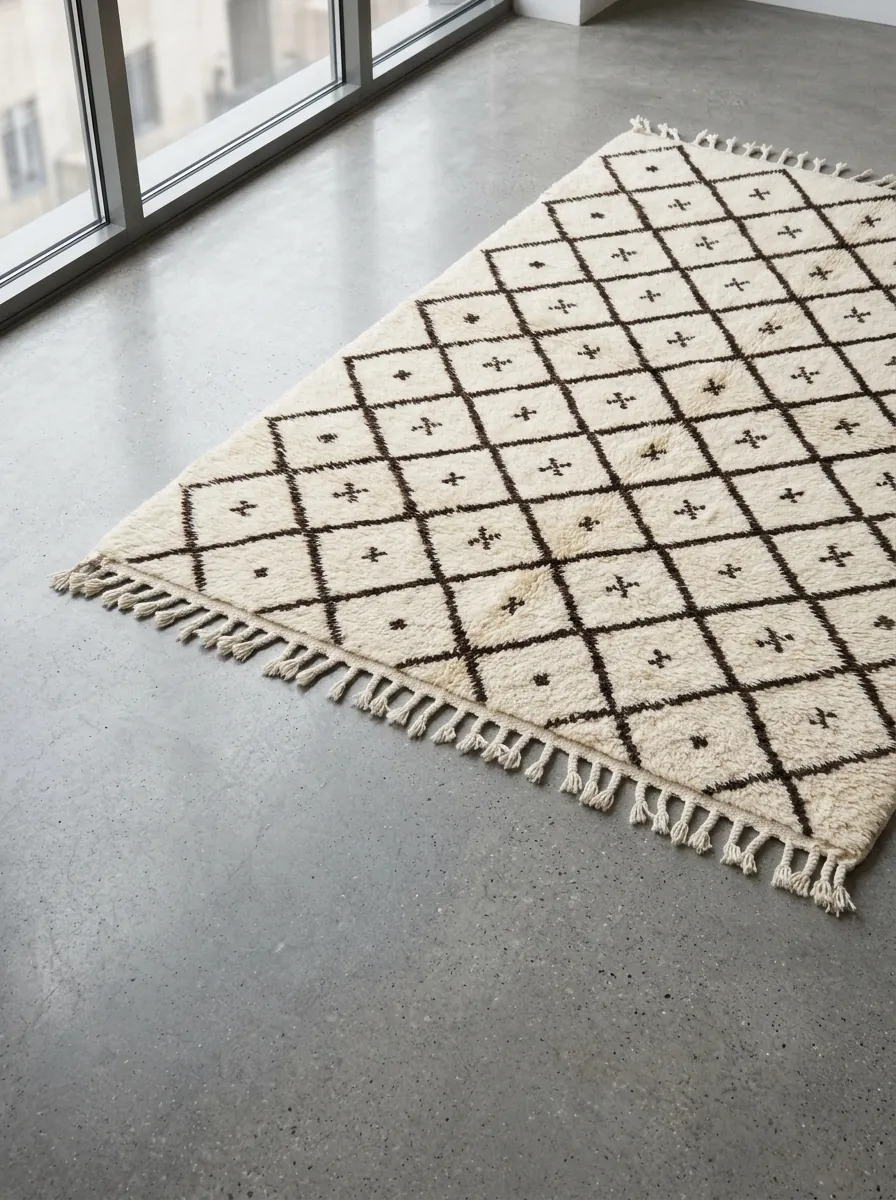 Diamond & Cross Beni Ourain Rug — handwoven wool rug shown on a concrete floor