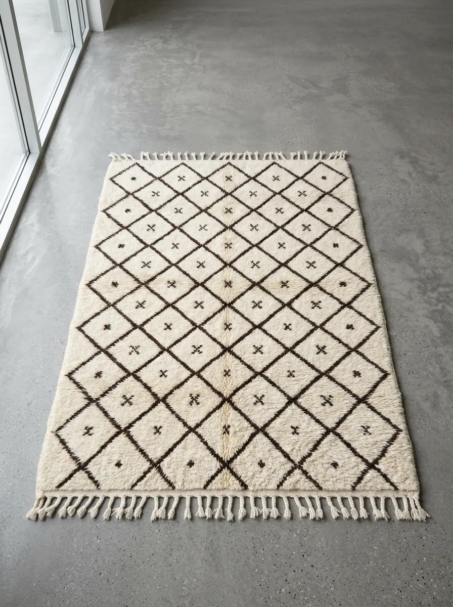 Diamond & Cross Beni Ourain Rug — full rug laid flat on a concrete floor, seen from above