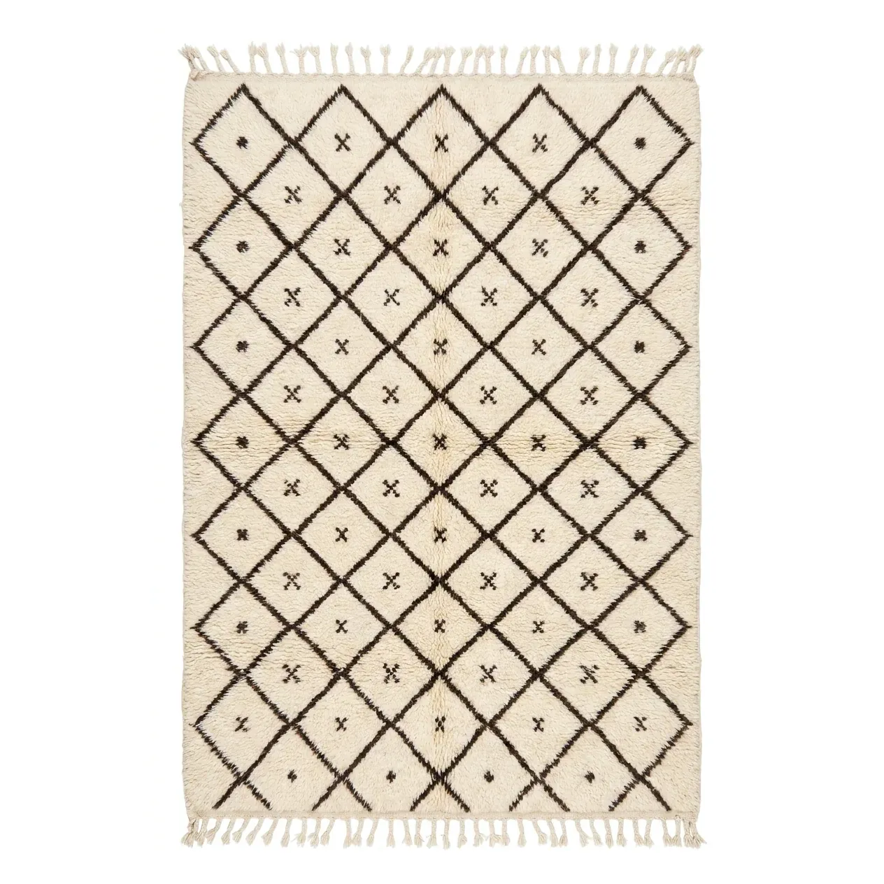 Ivory Beni Ourain rug with a brown diamond lattice and small crosses inside each diamond