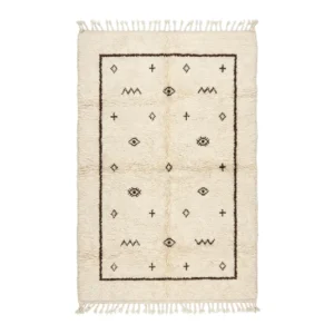 Ivory Beni Ourain rug with a brown border and scattered Berber symbols, hand-knotted wool