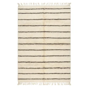 Ivory Beni Ourain rug with thin evenly spaced brown horizontal stripes, hand-knotted wool