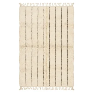Ivory Beni Ourain rug with fine vertical brown pinstripes and fringes, hand-knotted wool
