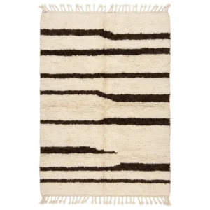 Ivory Beni Ourain rug with brown stripes of varying widths that step and break, wool rug