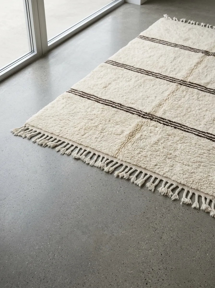 Triple Stripe Beni Ourain Rug — handwoven wool rug shown on a concrete floor