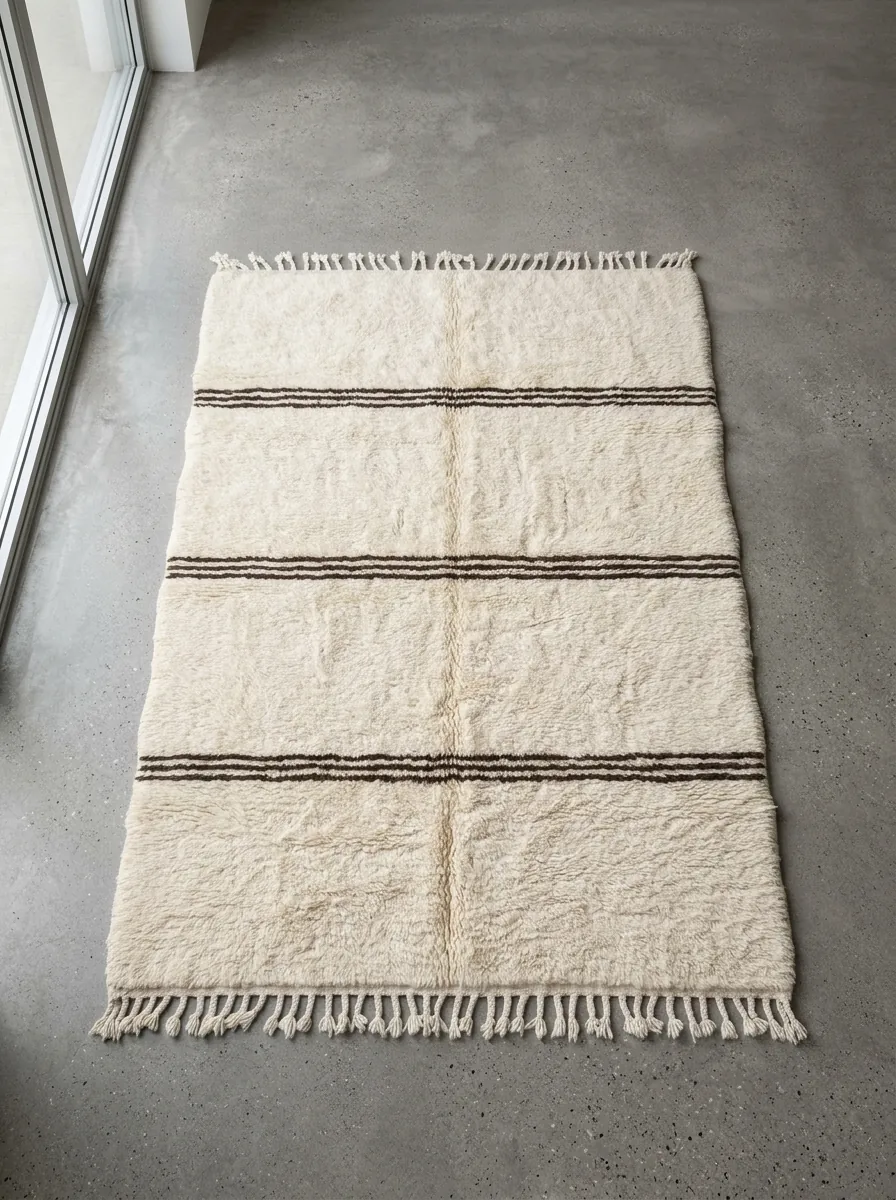 Triple Stripe Beni Ourain Rug — full rug laid flat on a concrete floor, seen from above