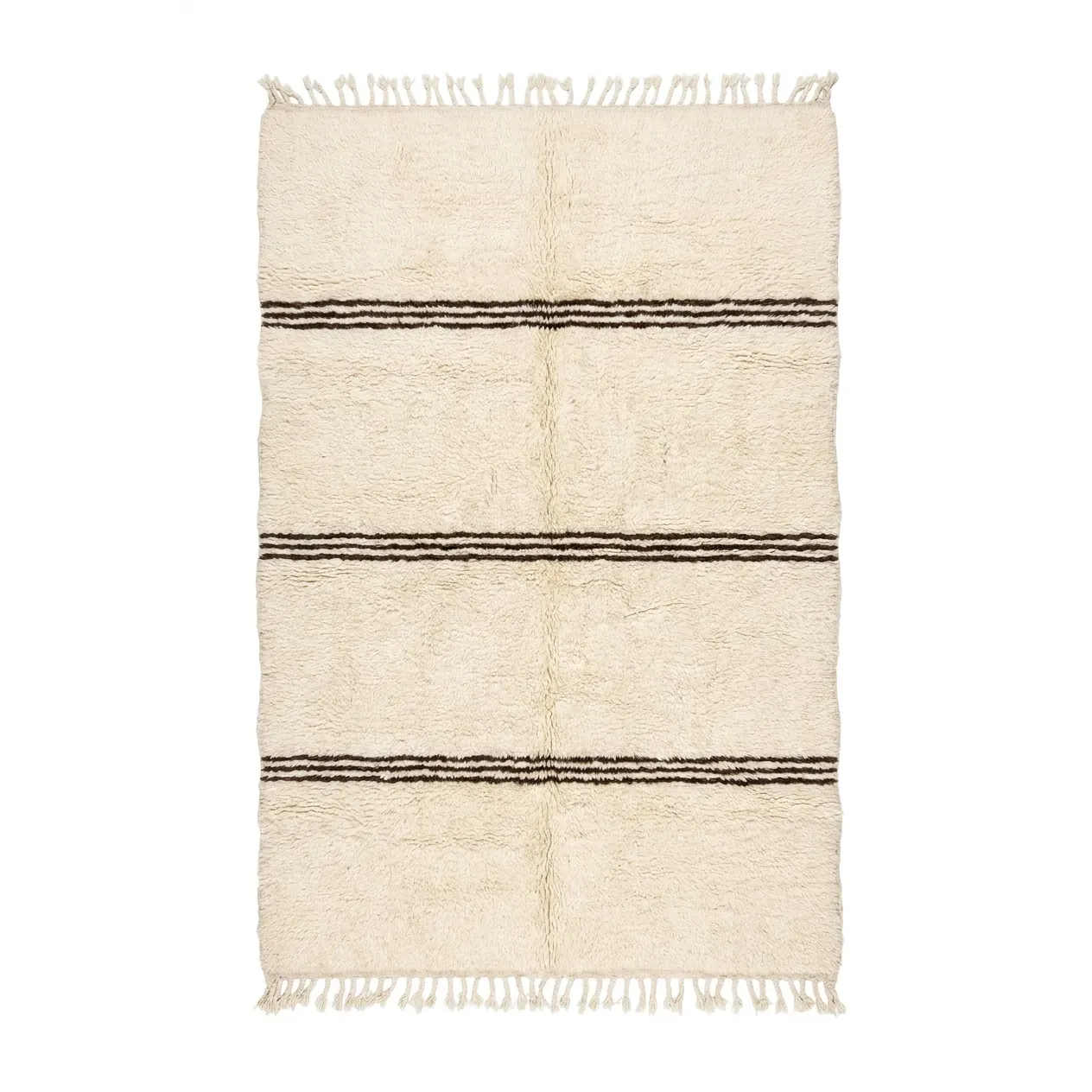 Ivory Beni Ourain rug with three groups of fine brown triple stripes, hand-knotted wool