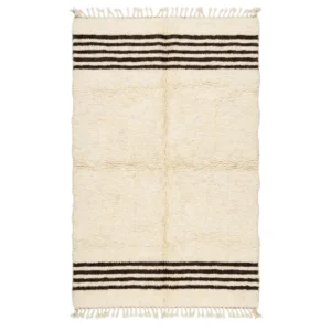 Plain ivory Beni Ourain rug with bands of brown stripes at both ends, hand-knotted wool
