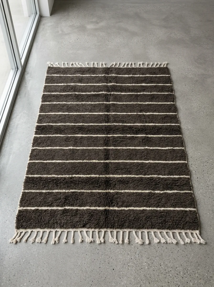 Black Striped Beni Ourain Rug — full rug laid flat on a concrete floor, seen from above