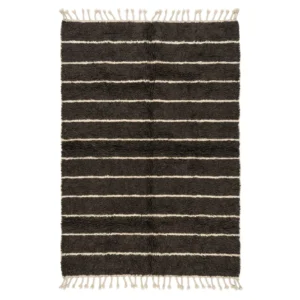Dark charcoal Beni Ourain rug with thin ivory horizontal stripes and fringes, wool rug