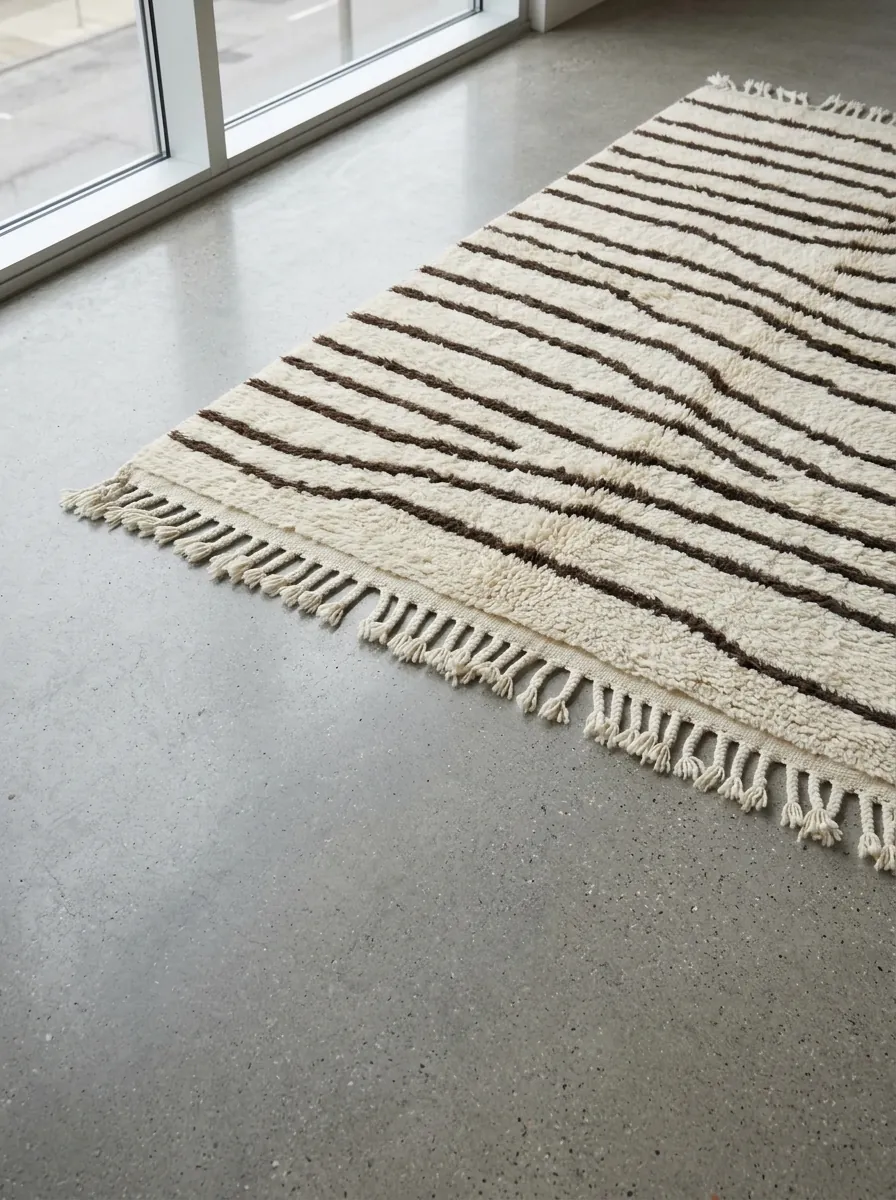 Wavy Stripe Beni Ourain Rug — handwoven wool rug shown on a concrete floor