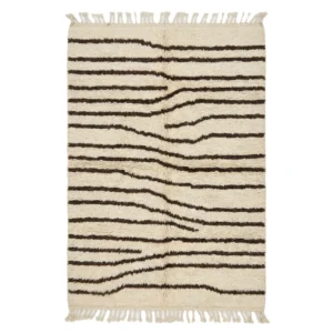 Ivory Beni Ourain rug with rippling wavy brown stripes and fringes, hand-knotted wool