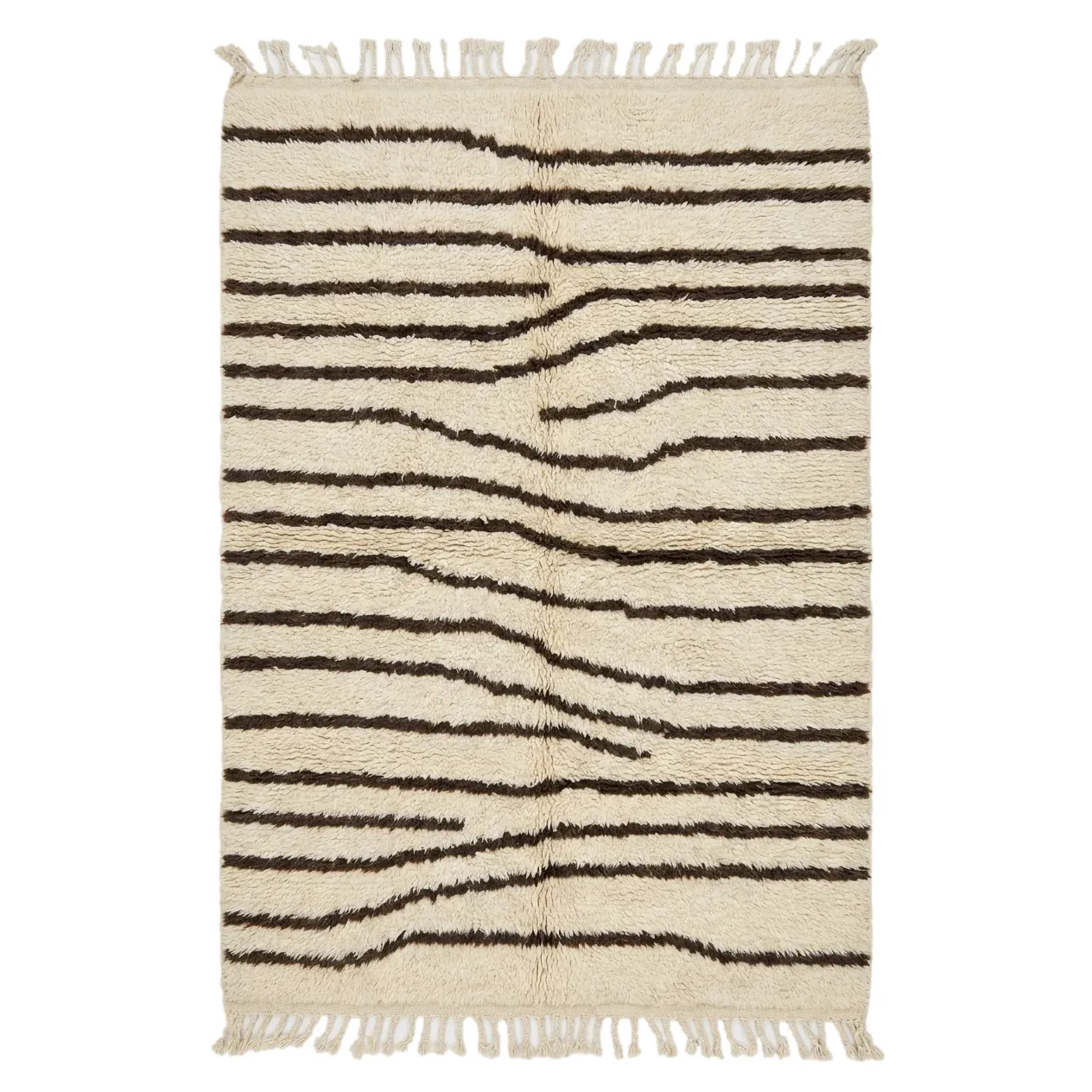 Ivory Beni Ourain rug with rippling wavy brown stripes and fringes, hand-knotted wool