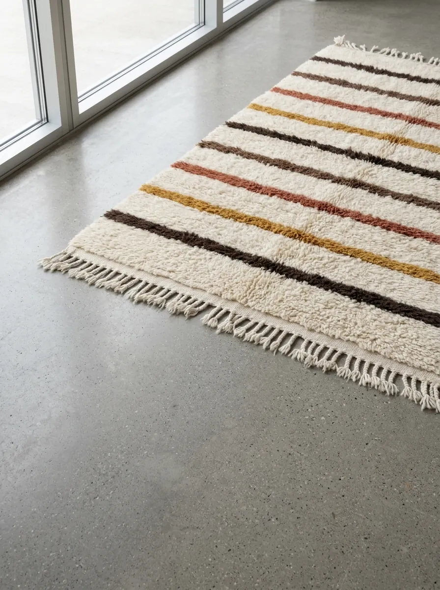 Multicolor Stripe Beni Ourain Rug — handwoven wool rug shown on a concrete floor